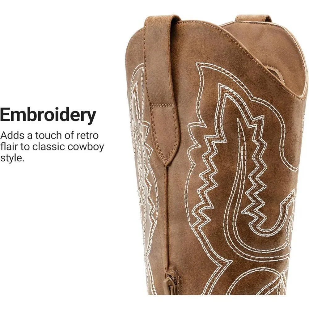 Women's Brown Square Toe Comfortable Side Zipper Tall Cowboy Knee High Boots